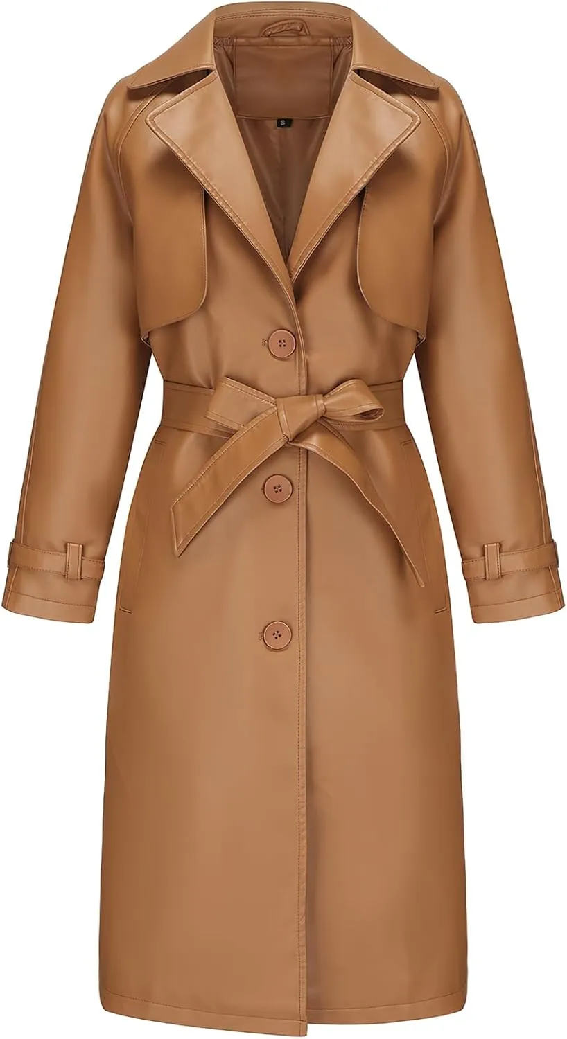 ebossy Women's Faux Leather Long PU Jacket Button Down Windproof Oversized Trench Coat with Belt
