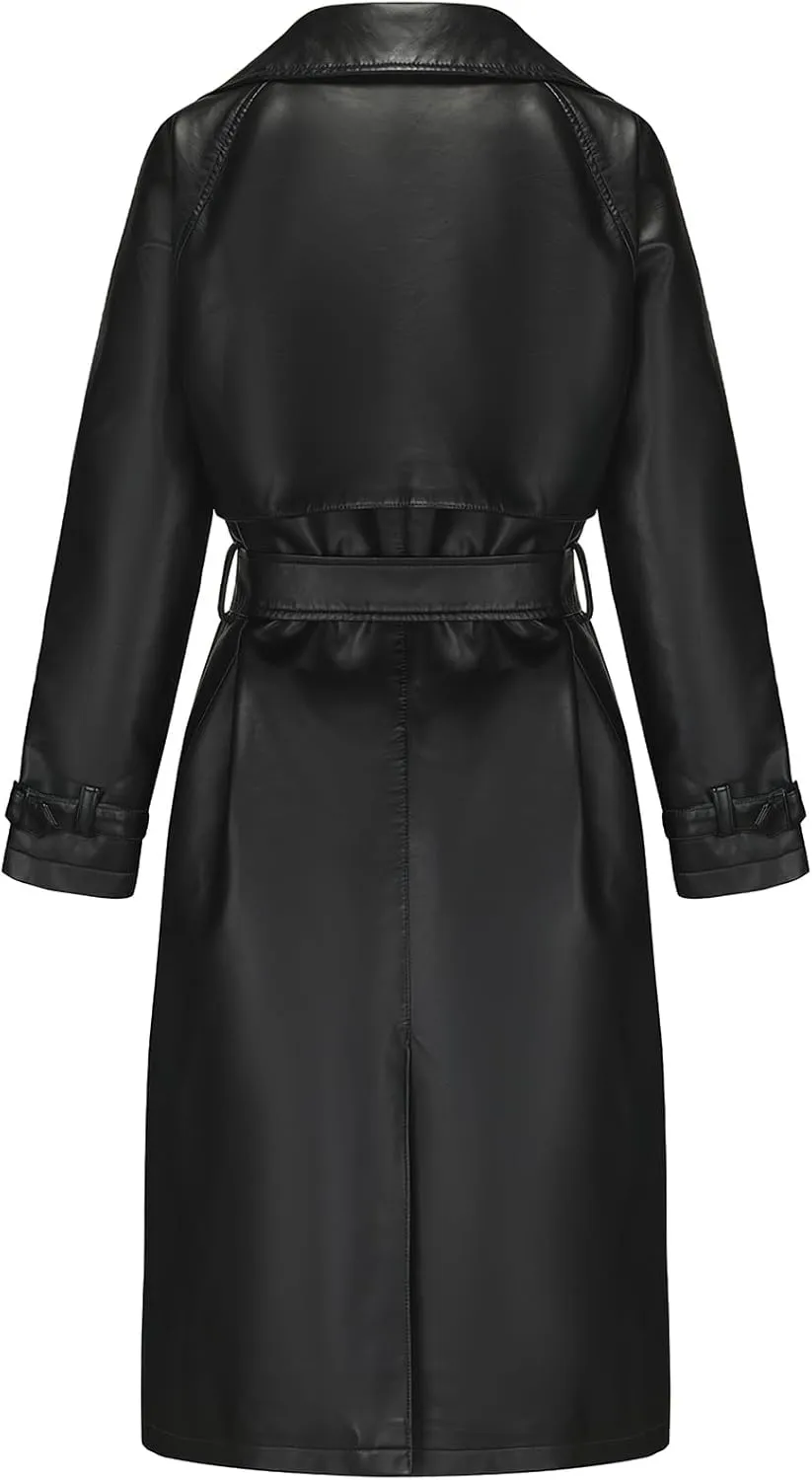 ebossy Women's Faux Leather Long PU Jacket Button Down Windproof Oversized Trench Coat with Belt