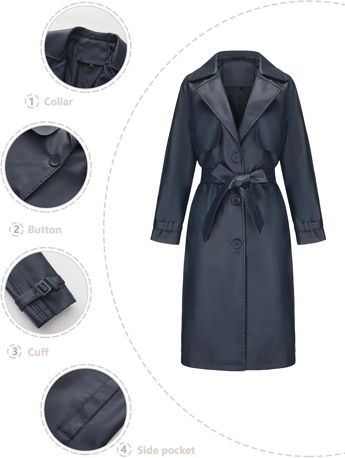 ebossy Women's Faux Leather Long PU Jacket Button Down Windproof Oversized Trench Coat with Belt