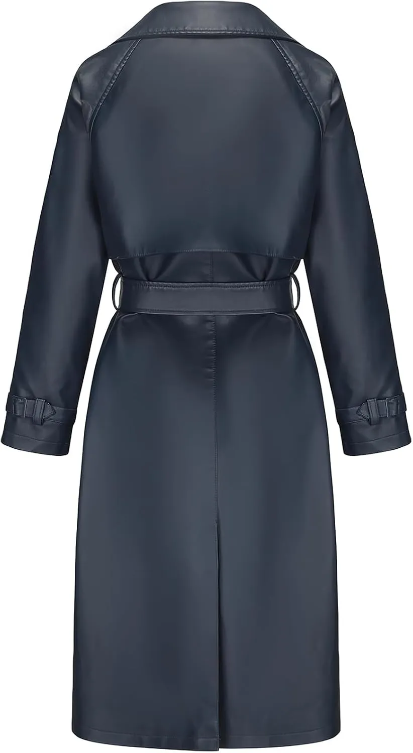 ebossy Women's Faux Leather Long PU Jacket Button Down Windproof Oversized Trench Coat with Belt