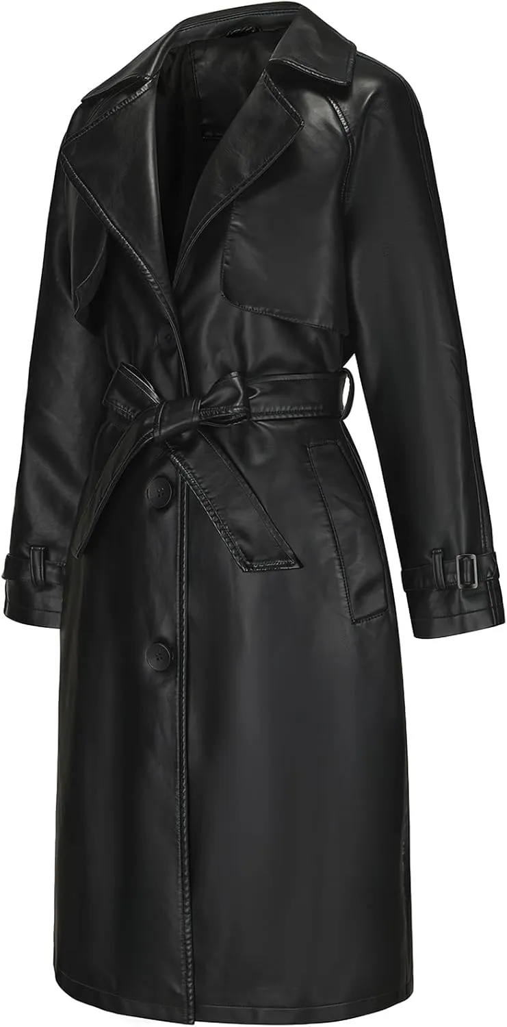 ebossy Women's Faux Leather Long PU Jacket Button Down Windproof Oversized Trench Coat with Belt