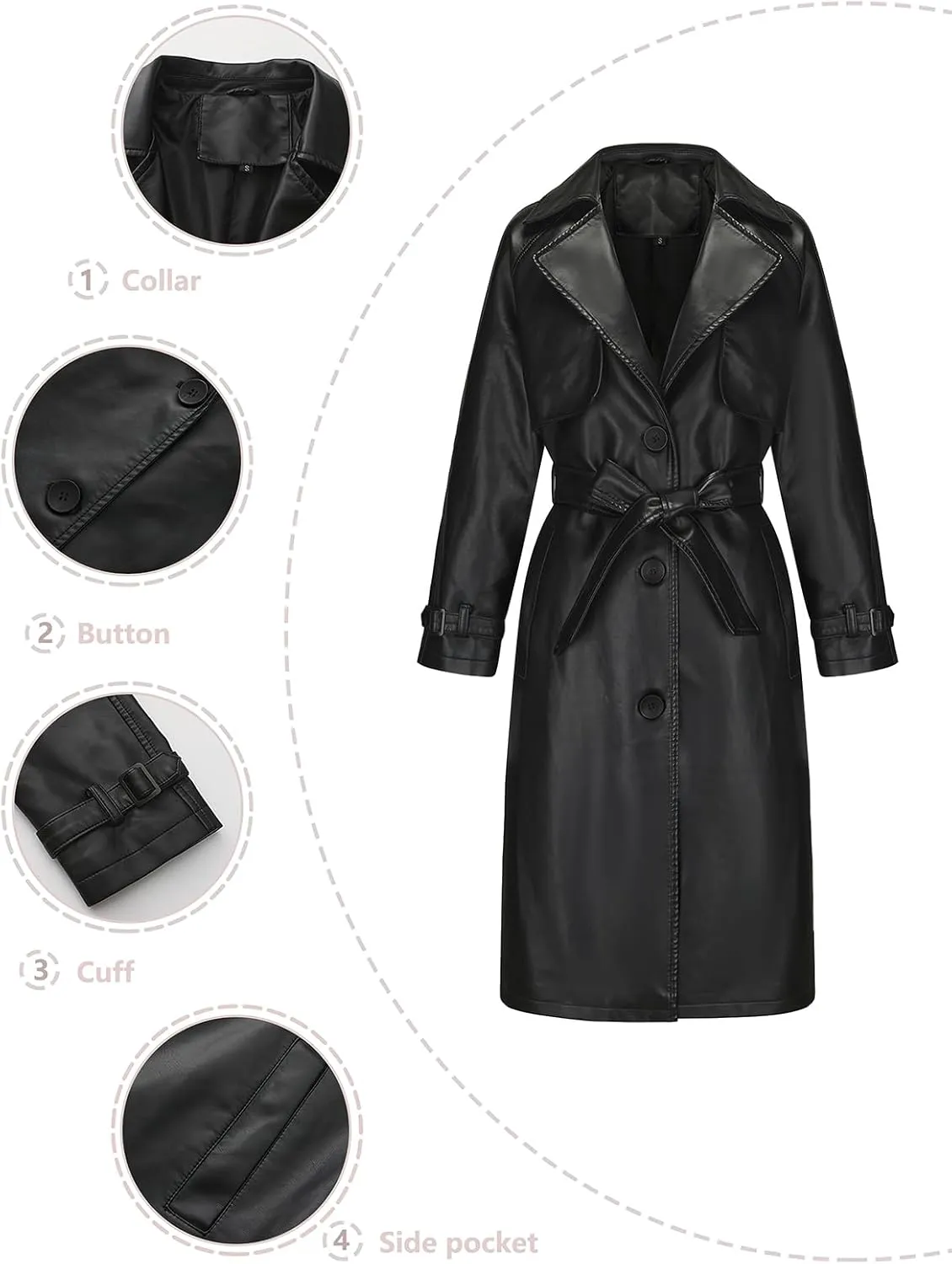 ebossy Women's Faux Leather Long PU Jacket Button Down Windproof Oversized Trench Coat with Belt