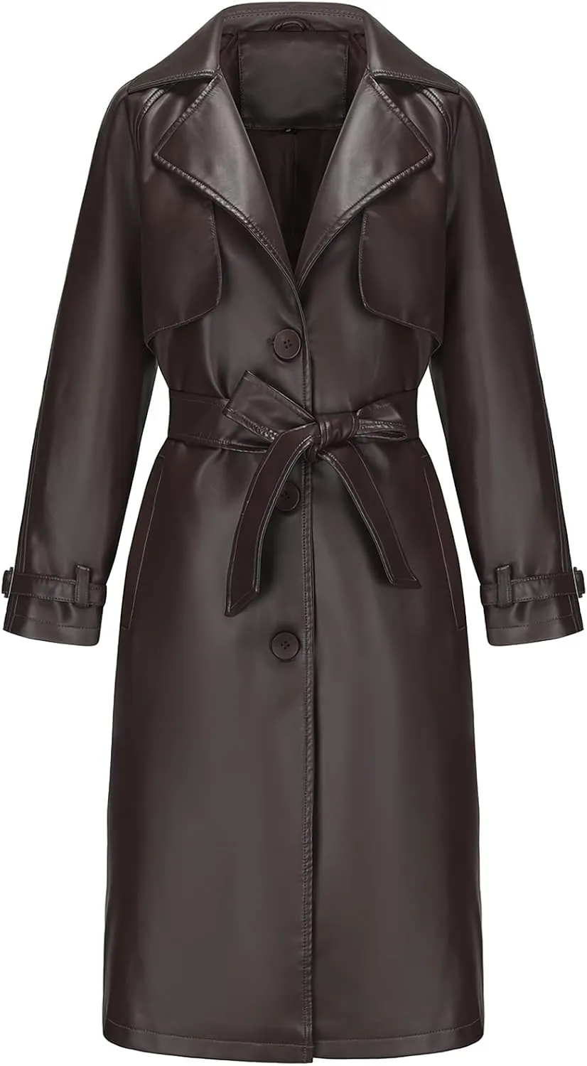 ebossy Women's Faux Leather Long PU Jacket Button Down Windproof Oversized Trench Coat with Belt