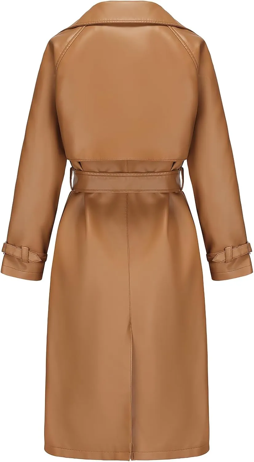 ebossy Women's Faux Leather Long PU Jacket Button Down Windproof Oversized Trench Coat with Belt