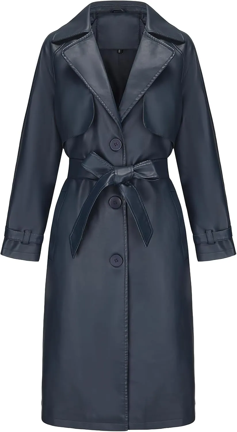 ebossy Women's Faux Leather Long PU Jacket Button Down Windproof Oversized Trench Coat with Belt