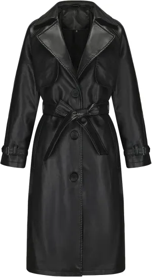 ebossy Women's Faux Leather Long PU Jacket Button Down Windproof Oversized Trench Coat with Belt