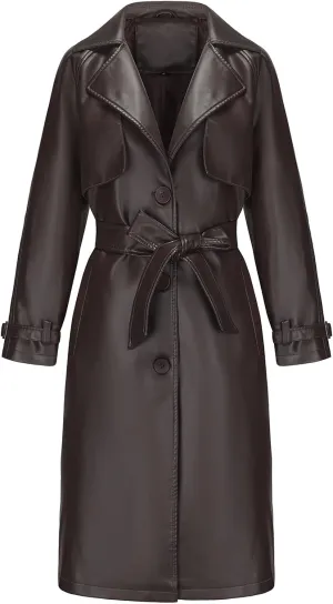 ebossy Women's Faux Leather Long PU Jacket Button Down Windproof Oversized Trench Coat with Belt