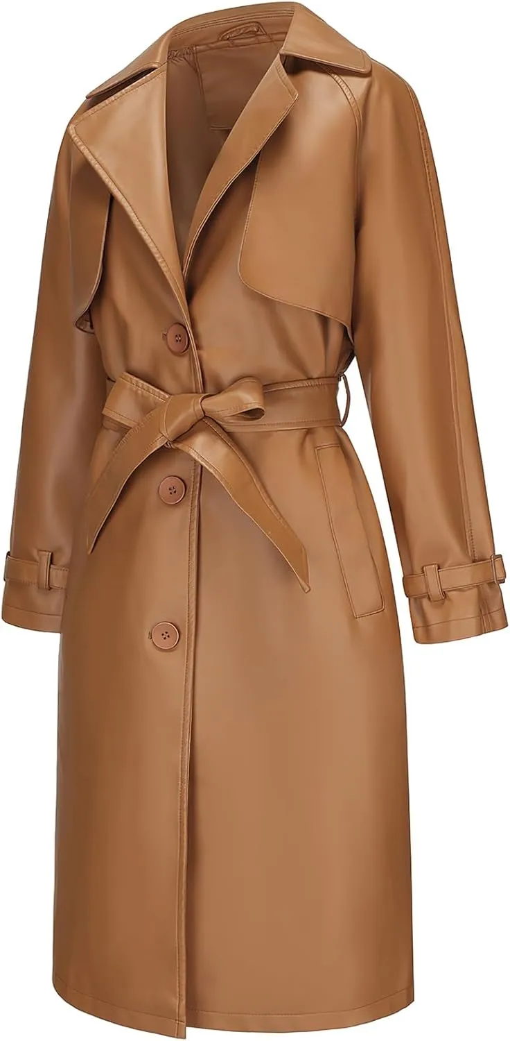 ebossy Women's Faux Leather Long PU Jacket Button Down Windproof Oversized Trench Coat with Belt