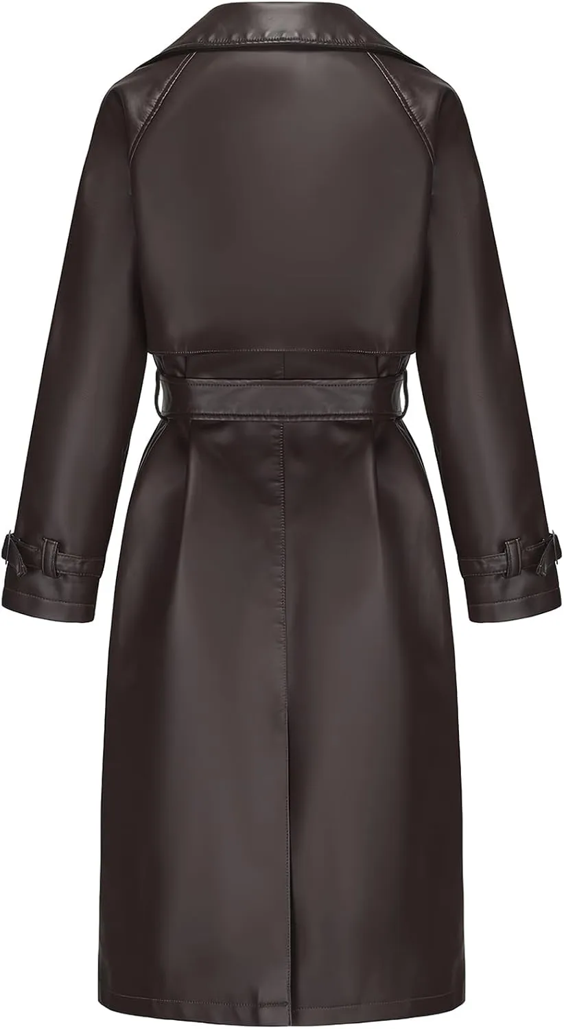 ebossy Women's Faux Leather Long PU Jacket Button Down Windproof Oversized Trench Coat with Belt