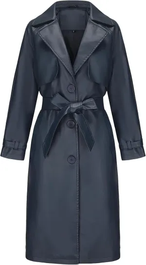 ebossy Women's Faux Leather Long PU Jacket Button Down Windproof Oversized Trench Coat with Belt
