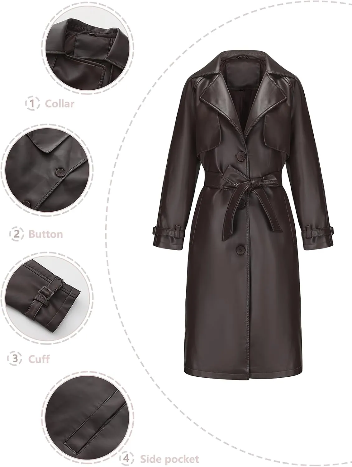 ebossy Women's Faux Leather Long PU Jacket Button Down Windproof Oversized Trench Coat with Belt