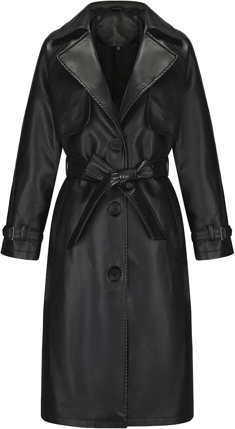ebossy Women's Faux Leather Long PU Jacket Button Down Windproof Oversized Trench Coat with Belt