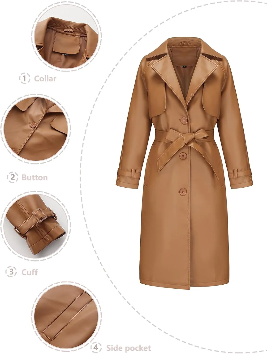 ebossy Women's Faux Leather Long PU Jacket Button Down Windproof Oversized Trench Coat with Belt