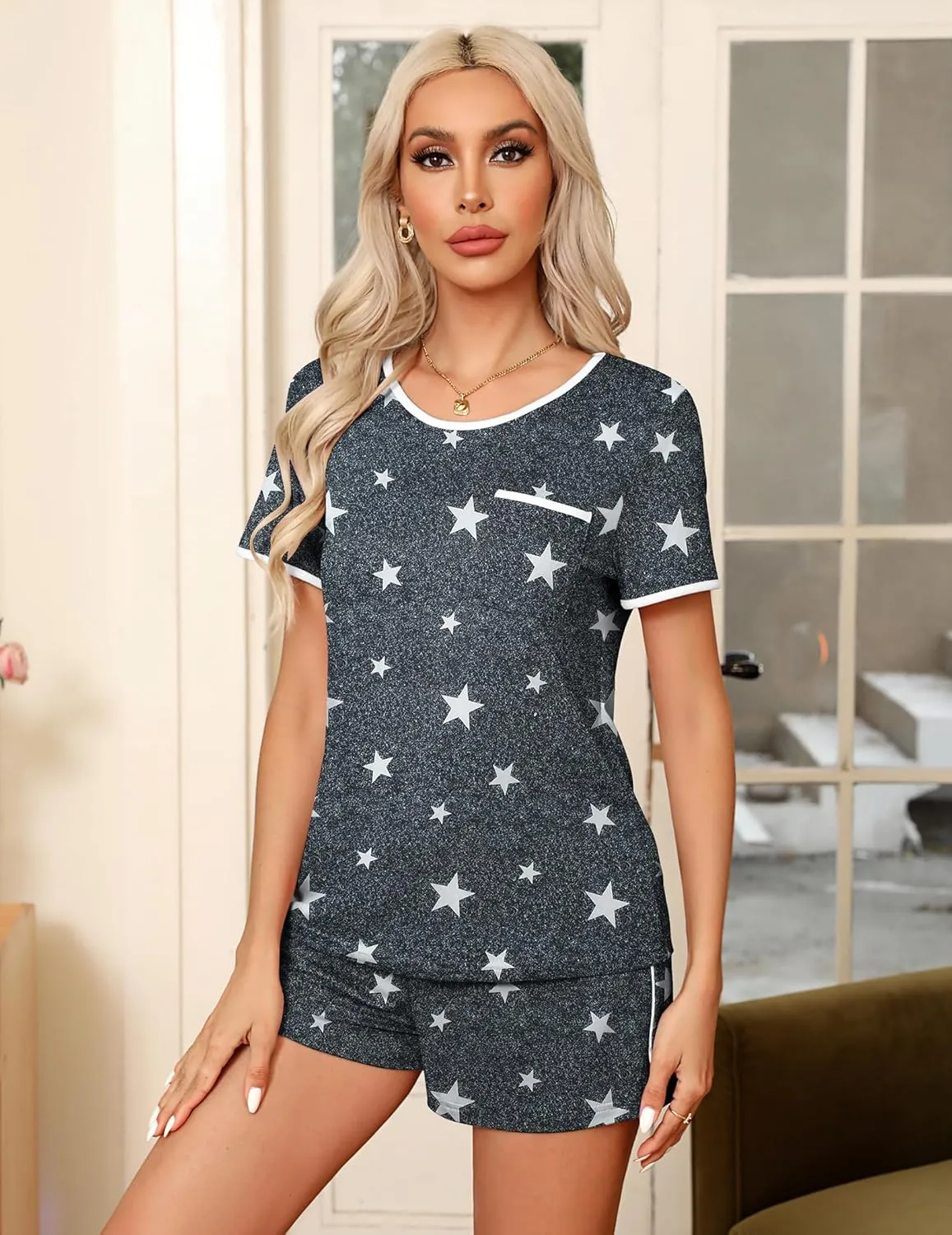 Ekouaer Pajama Set for Women 2 Piece Lounge Set Short Sleeve Tops and Shorts Soft Sleepwear, Chest Pocket