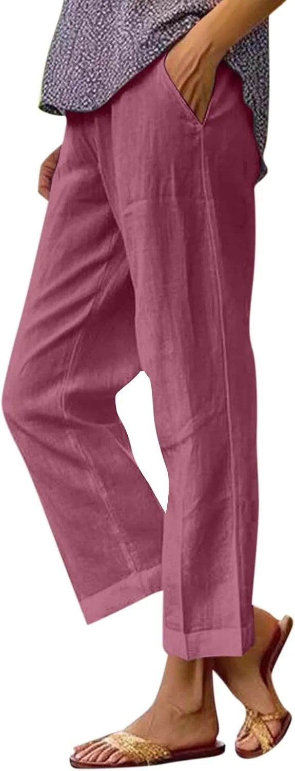 Elastic Waist Linen Pants Women Cropped Wide Leg Plus Size Crop Pants Lightweight Summer Beach Trousers with Pockets