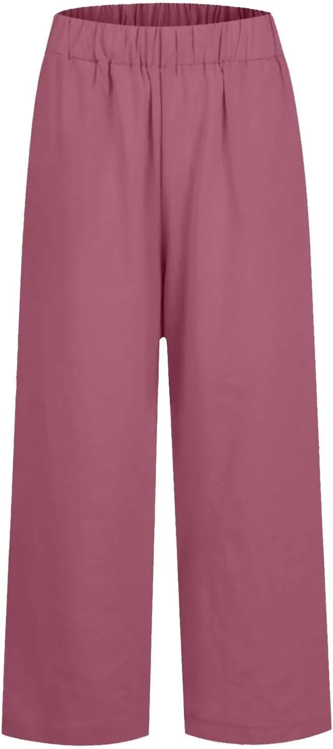 Elastic Waist Linen Pants Women Cropped Wide Leg Plus Size Crop Pants Lightweight Summer Beach Trousers with Pockets