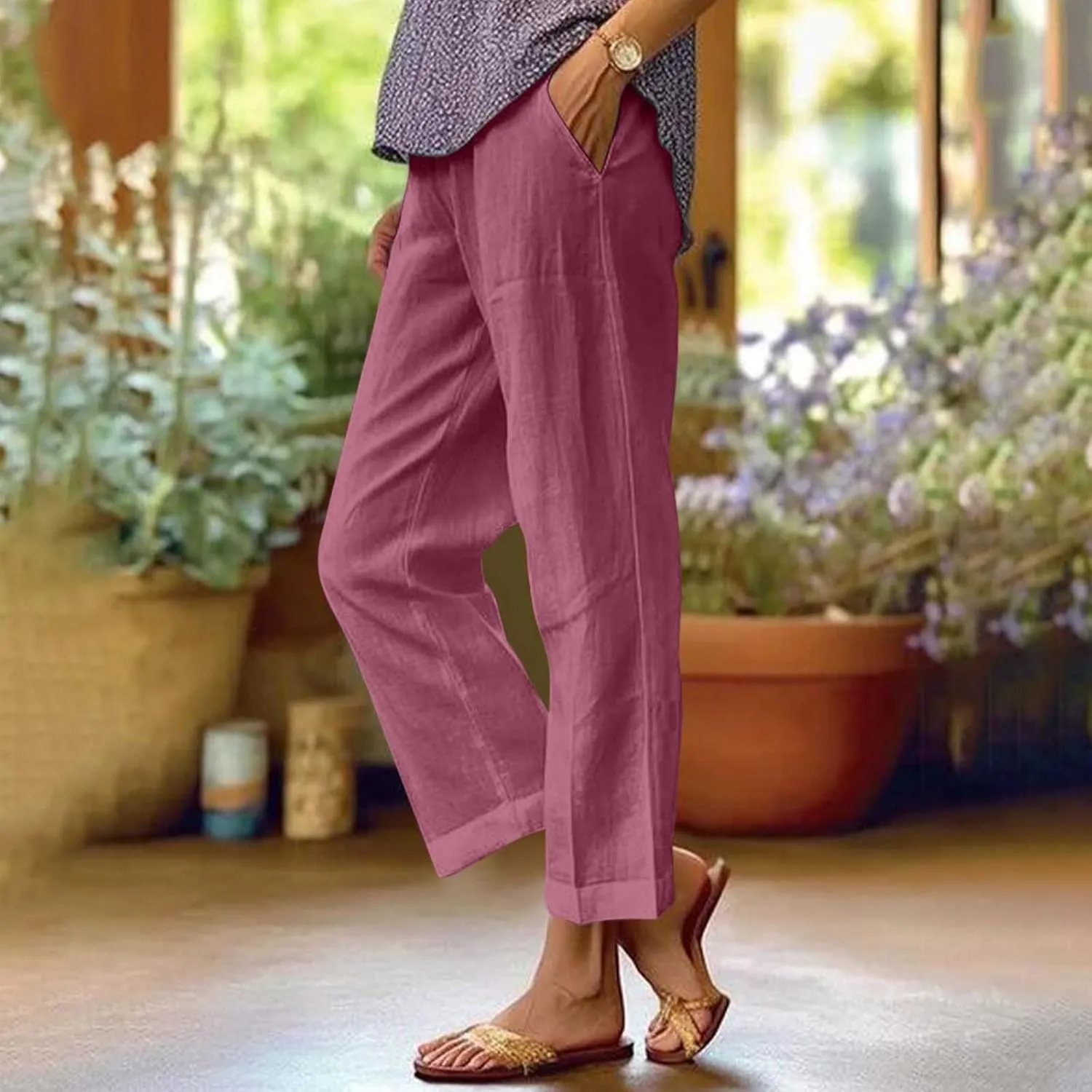 Elastic Waist Linen Pants Women Cropped Wide Leg Plus Size Crop Pants Lightweight Summer Beach Trousers with Pockets