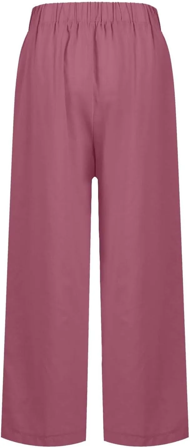 Elastic Waist Linen Pants Women Cropped Wide Leg Plus Size Crop Pants Lightweight Summer Beach Trousers with Pockets