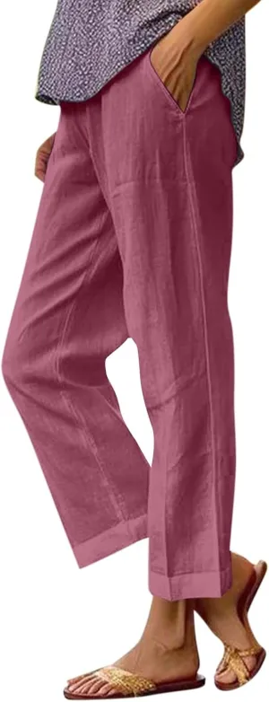 Elastic Waist Linen Pants Women Cropped Wide Leg Plus Size Crop Pants Lightweight Summer Beach Trousers with Pockets