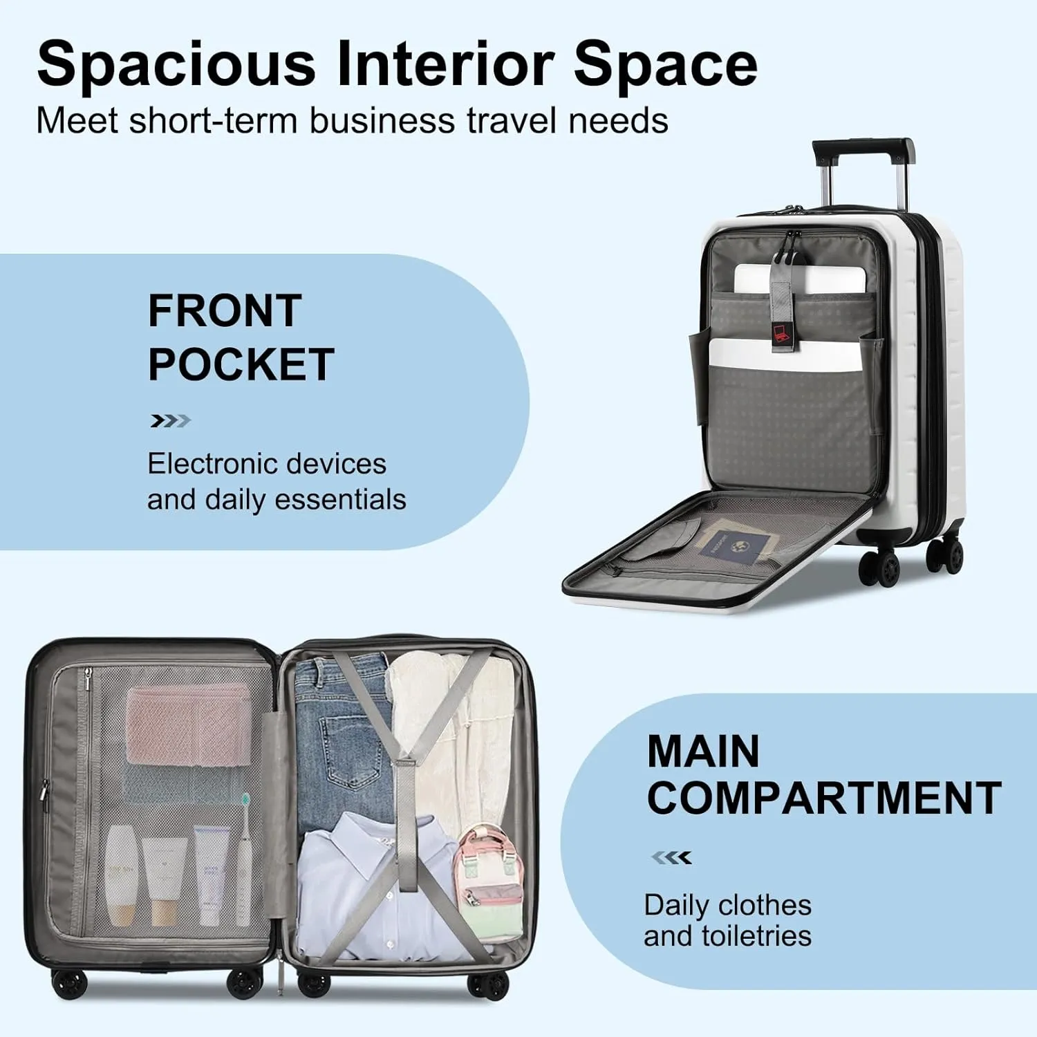 Expandable Carry On Luggage Airline Approved, 20 Inch Lightweight ABS PC Hard Shell Suitcases with Front Pocket, Spinner Wheels, TSA Lock (White, 1PC)