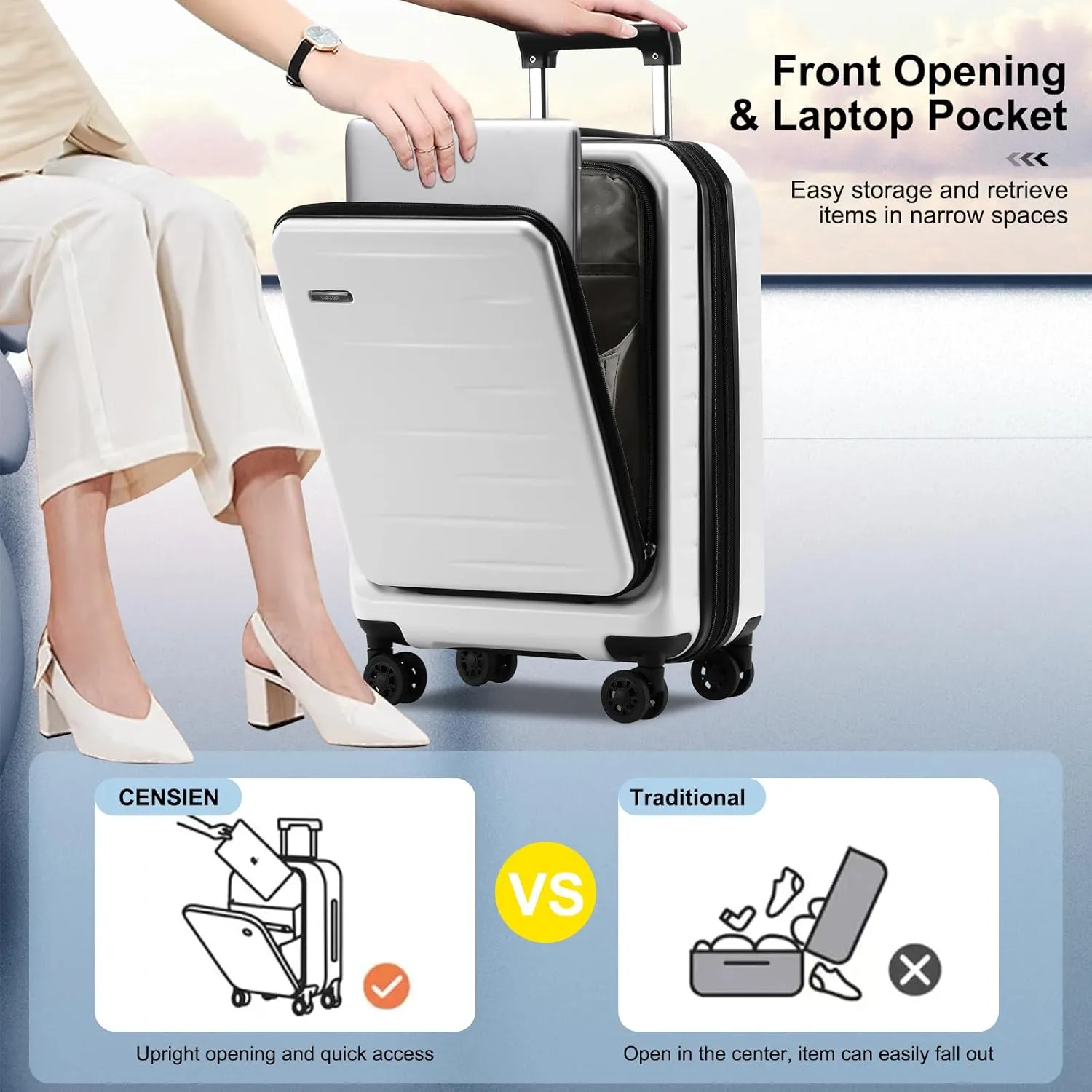 Expandable Carry On Luggage Airline Approved, 20 Inch Lightweight ABS PC Hard Shell Suitcases with Front Pocket, Spinner Wheels, TSA Lock (White, 1PC)