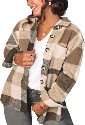 Eytino Womens Plus Size Jacket Casual Long Sleeve Button Up Flannel Plaid Shacket Coats with Pockets(1X-5X)
