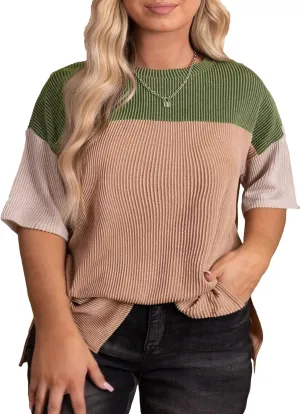 Eytino Womens Plus Size Tunic Tops Crewneck Short Sleeve Color Block Pullover Shirts (1X-5X)