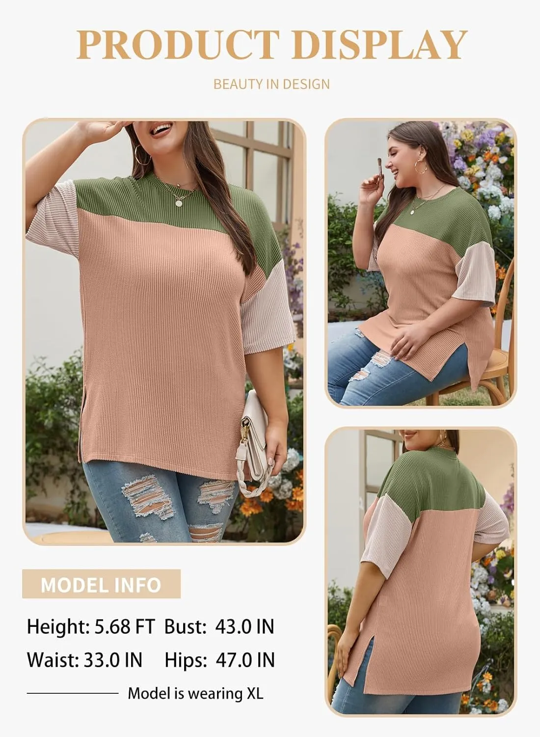 Eytino Womens Plus Size Tunic Tops Crewneck Short Sleeve Color Block Pullover Shirts (1X-5X)
