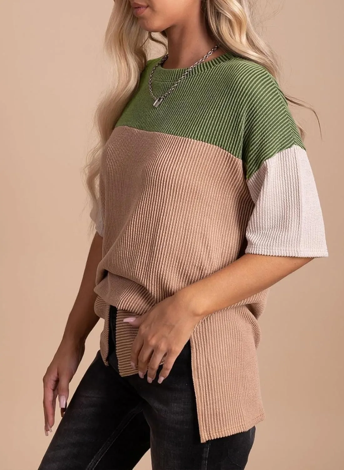 Eytino Womens Plus Size Tunic Tops Crewneck Short Sleeve Color Block Pullover Shirts (1X-5X)