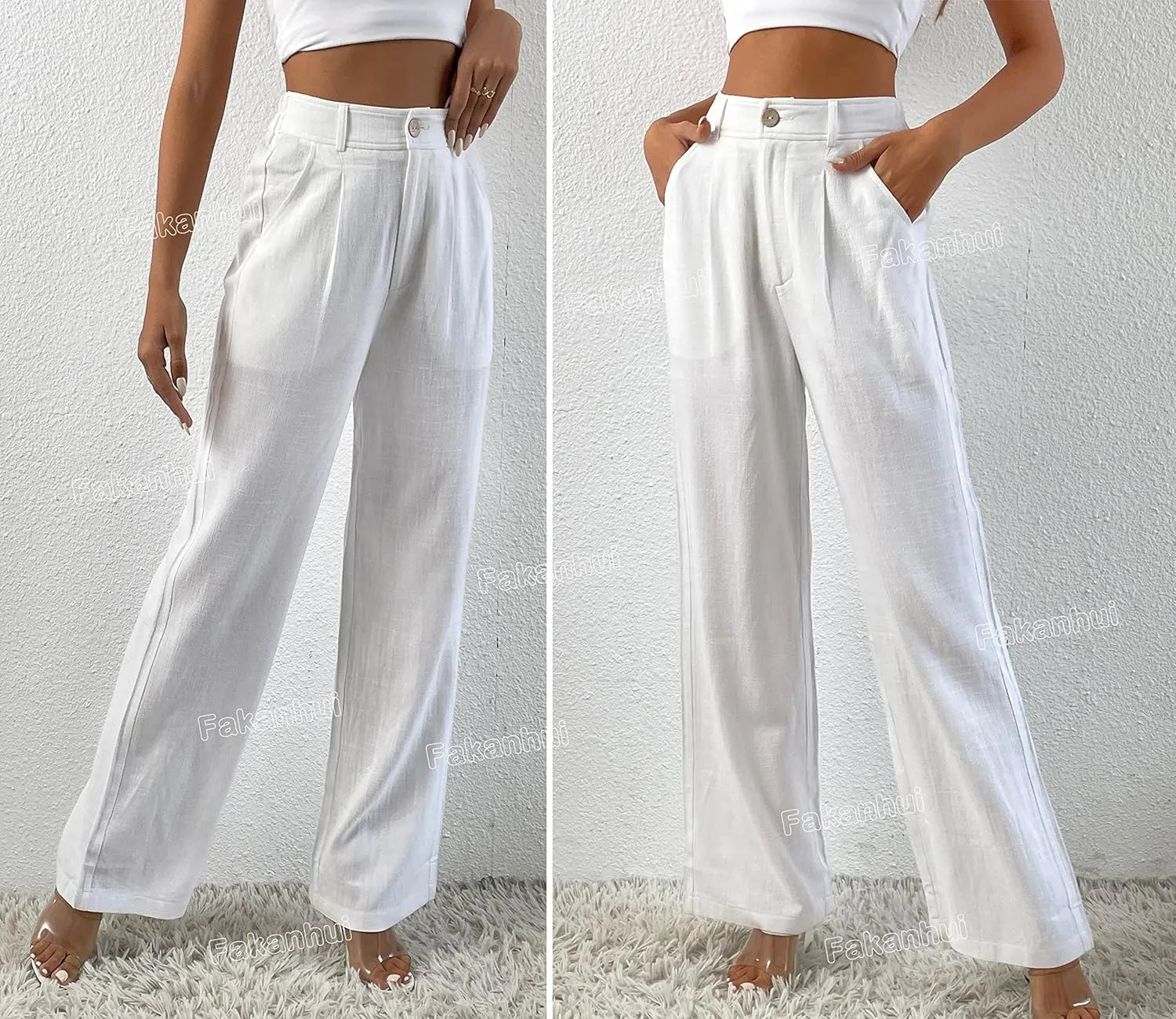 Fakanhui Women's Cotton Linen Wide Leg Pants High Elastic Waist Casual Business Work Trousers