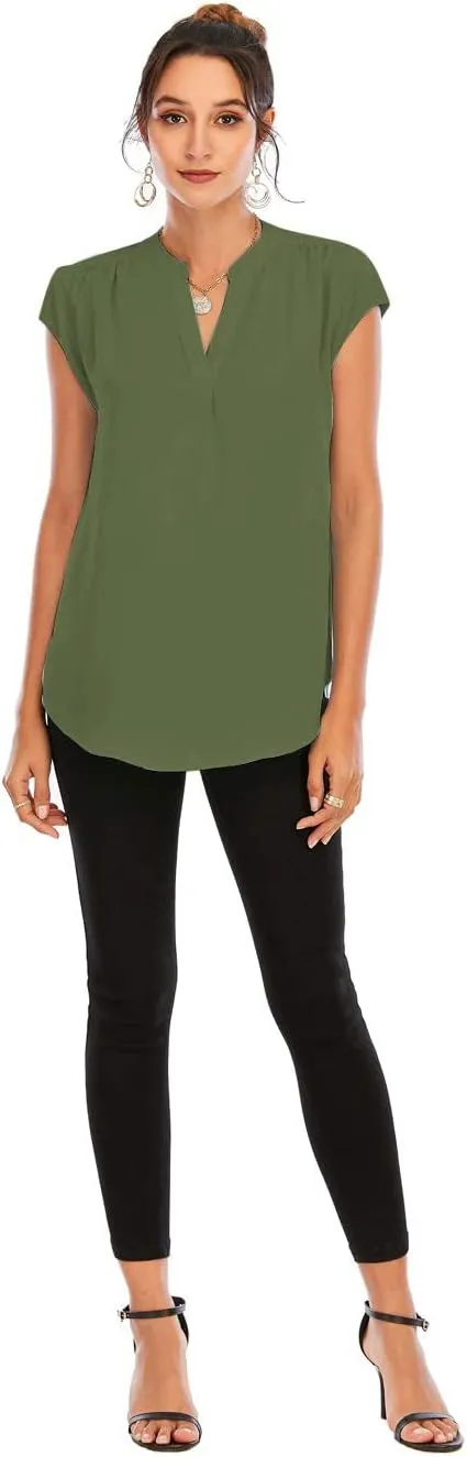 Famulily Womens Split V Neck Cap Sleeve Tops Frill Trim Elegant Work Office Blouse Shirts