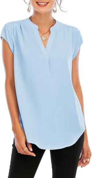 Famulily Womens Split V Neck Cap Sleeve Tops Frill Trim Elegant Work Office Blouse Shirts