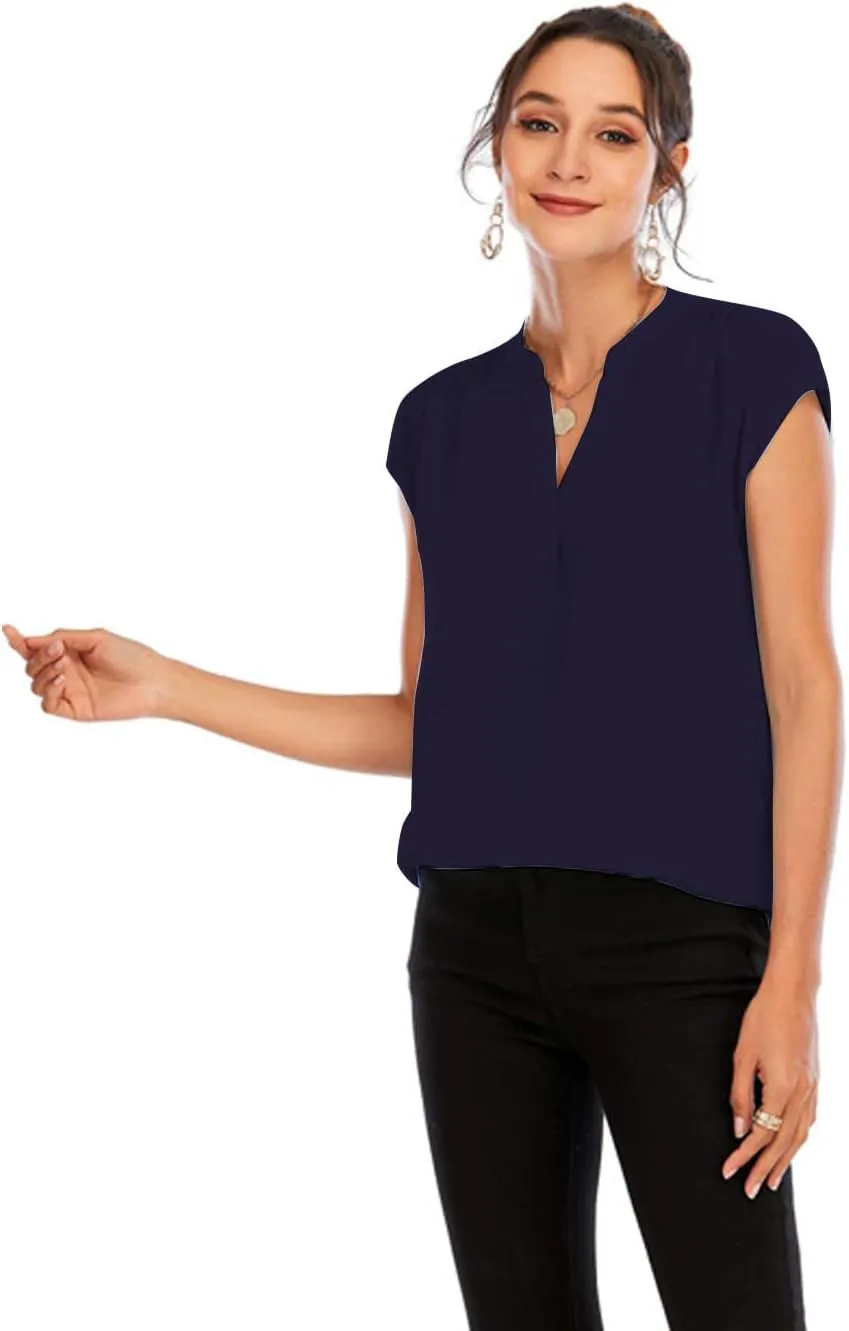 Famulily Womens Split V Neck Cap Sleeve Tops Frill Trim Elegant Work Office Blouse Shirts