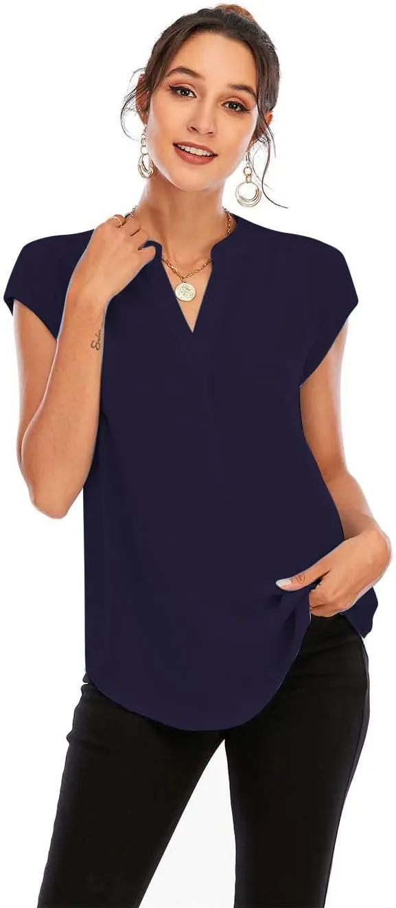 Famulily Womens Split V Neck Cap Sleeve Tops Frill Trim Elegant Work Office Blouse Shirts