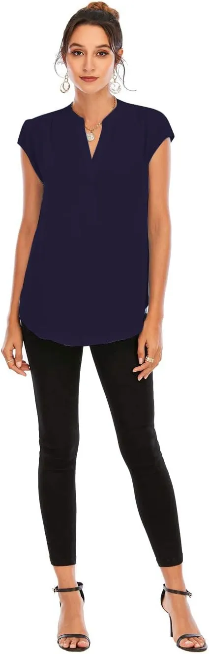 Famulily Womens Split V Neck Cap Sleeve Tops Frill Trim Elegant Work Office Blouse Shirts