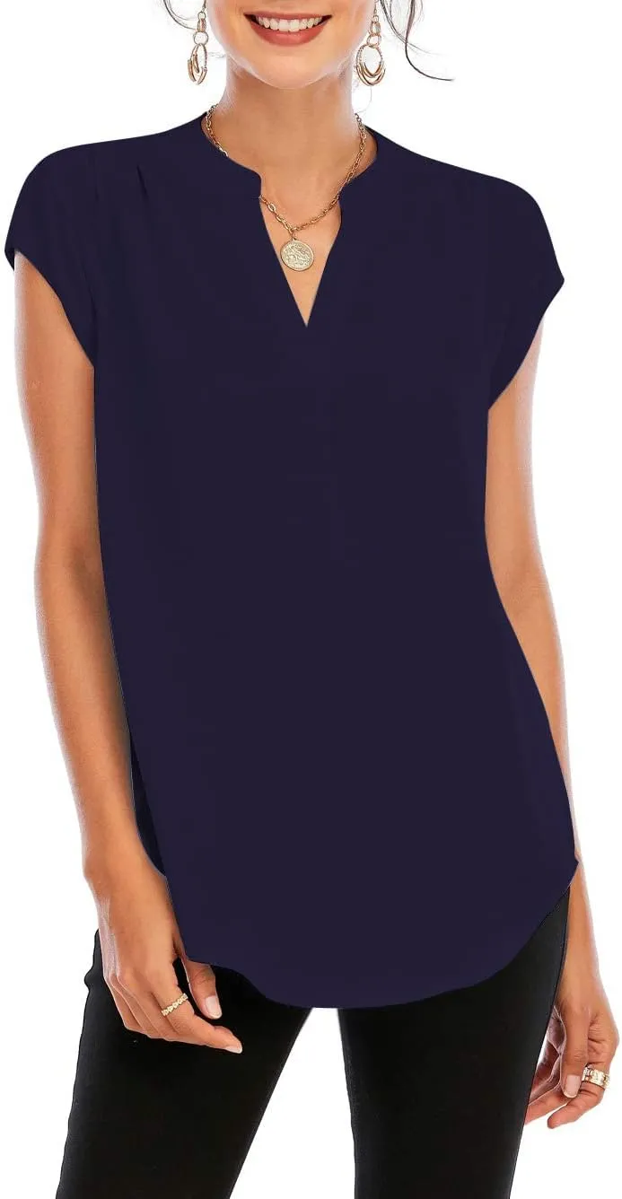 Famulily Womens Split V Neck Cap Sleeve Tops Frill Trim Elegant Work Office Blouse Shirts