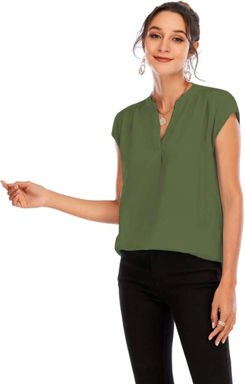 Famulily Womens Split V Neck Cap Sleeve Tops Frill Trim Elegant Work Office Blouse Shirts