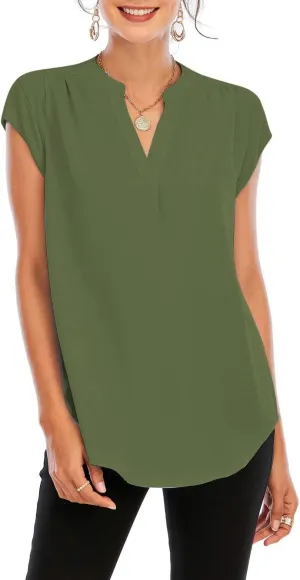 Famulily Womens Split V Neck Cap Sleeve Tops Frill Trim Elegant Work Office Blouse Shirts