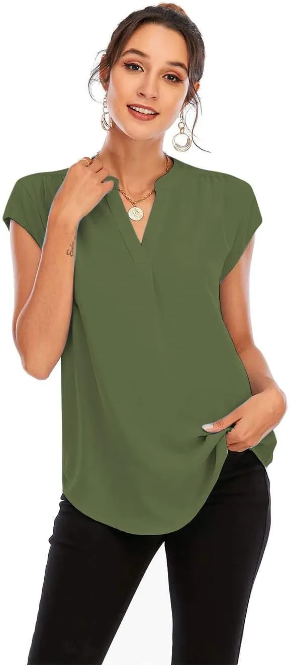 Famulily Womens Split V Neck Cap Sleeve Tops Frill Trim Elegant Work Office Blouse Shirts