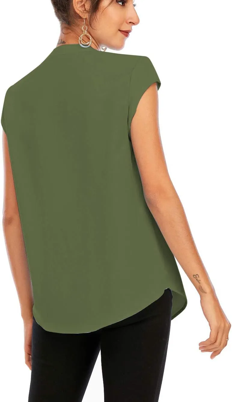 Famulily Womens Split V Neck Cap Sleeve Tops Frill Trim Elegant Work Office Blouse Shirts