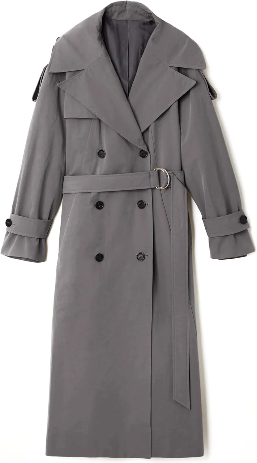 Farktop Womens Oversized Long Trench Coat Double Breasted Lapel Windproof Overcoat with Belt