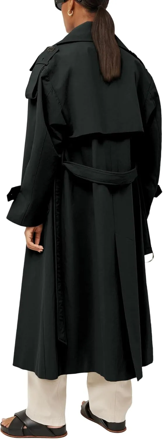 Farktop Womens Oversized Long Trench Coat Double Breasted Lapel Windproof Overcoat with Belt
