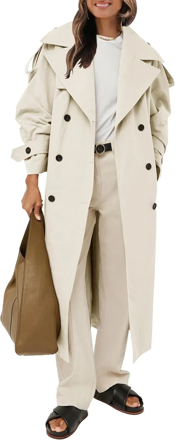 Farktop Womens Oversized Long Trench Coat Double Breasted Lapel Windproof Overcoat with Belt