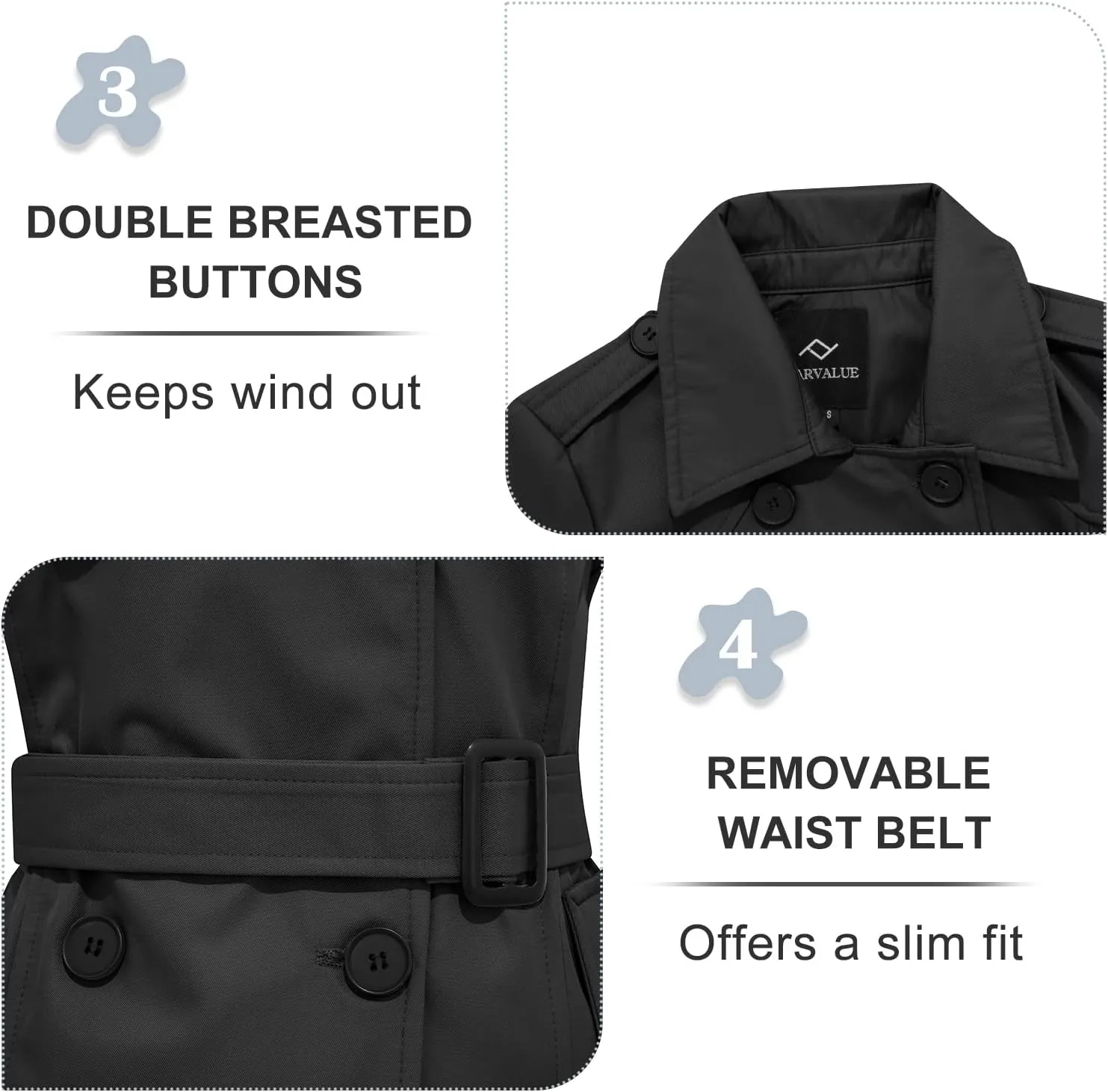 FARVALUE Women's Waterproof Trench Coat Winter Double Breasted Windbreaker Classic Belted Lapel Overcoat