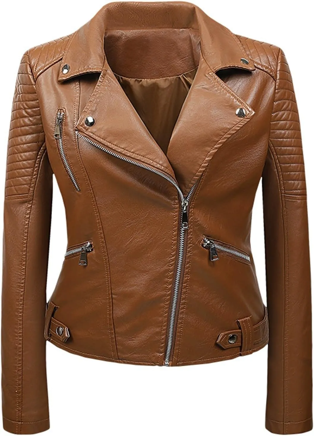 Faux Leather Jacket for Women Cropped Coat Lapel Zip Up Outwear Pockets Motorcycle Jackets Fleece Pleated Overcoat