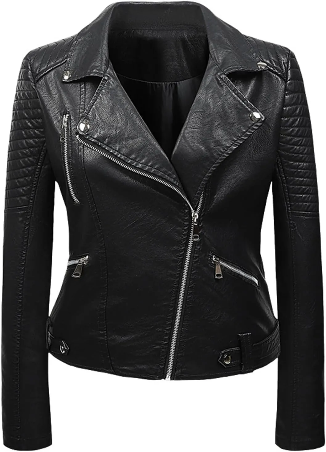 Faux Leather Jacket for Women Cropped Coat Lapel Zip Up Outwear Pockets Motorcycle Jackets Fleece Pleated Overcoat