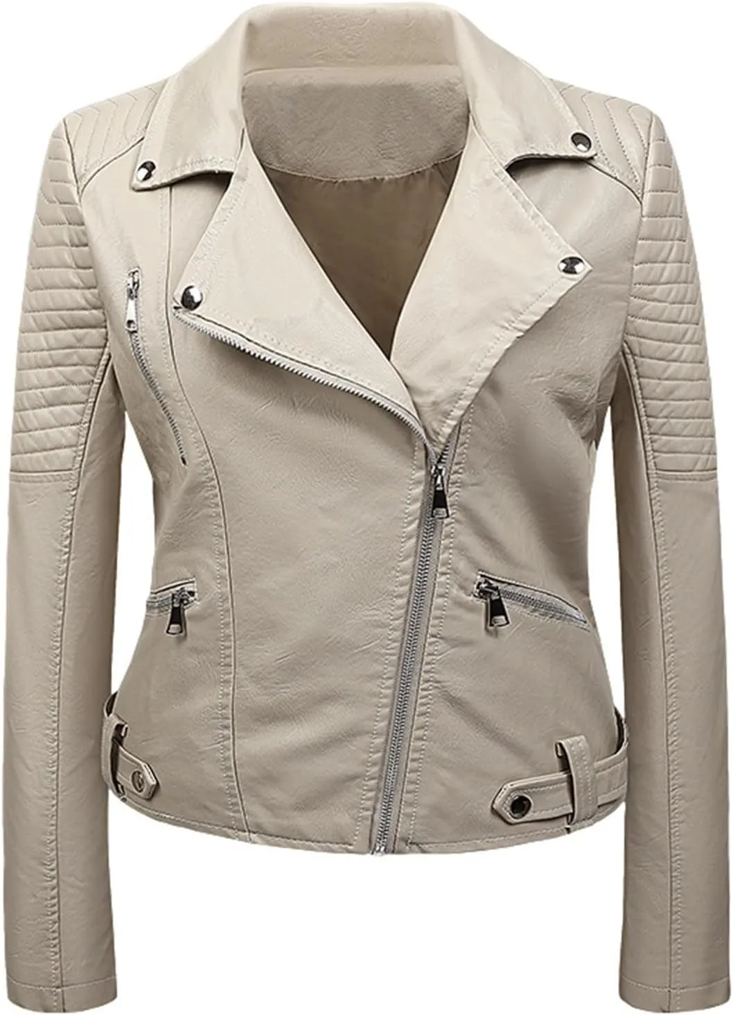 Faux Leather Jacket for Women Cropped Coat Lapel Zip Up Outwear Pockets Motorcycle Jackets Fleece Pleated Overcoat