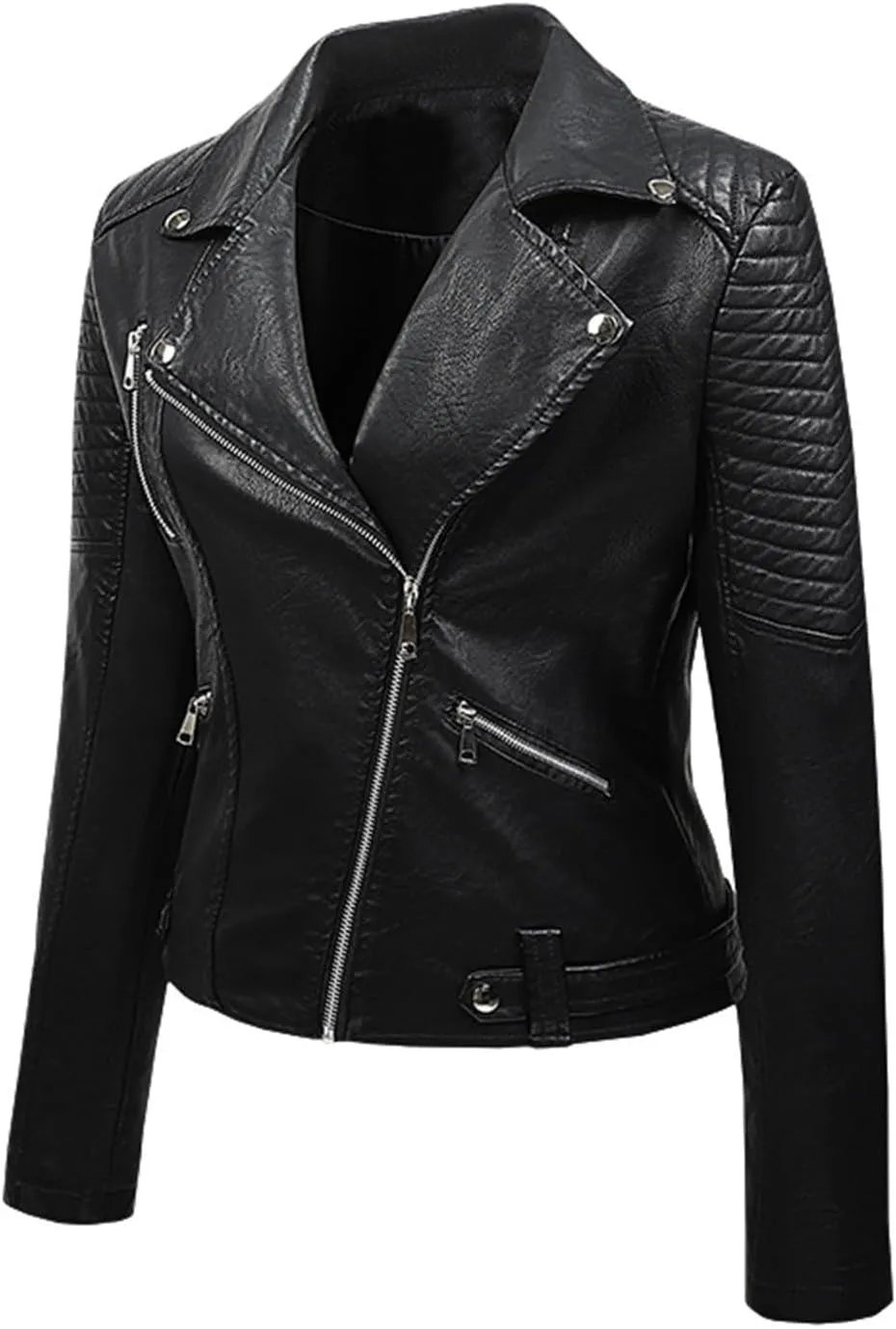 Faux Leather Jacket for Women Cropped Coat Lapel Zip Up Outwear Pockets Motorcycle Jackets Fleece Pleated Overcoat