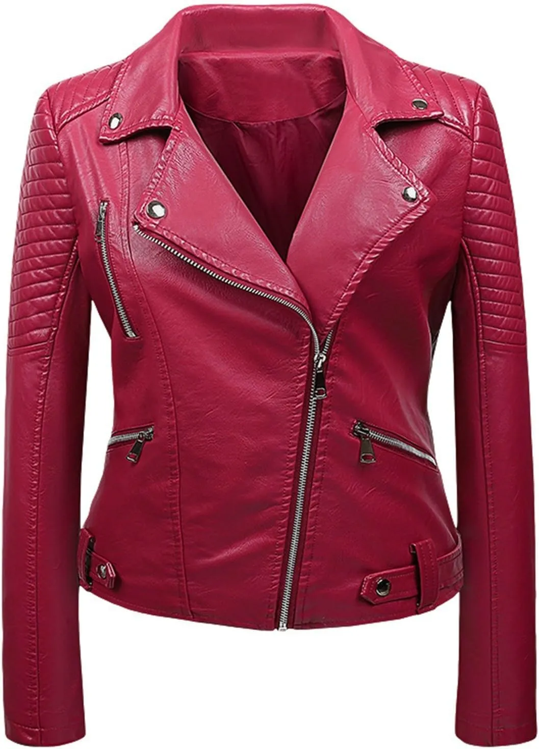 Faux Leather Jacket for Women Cropped Coat Lapel Zip Up Outwear Pockets Motorcycle Jackets Fleece Pleated Overcoat