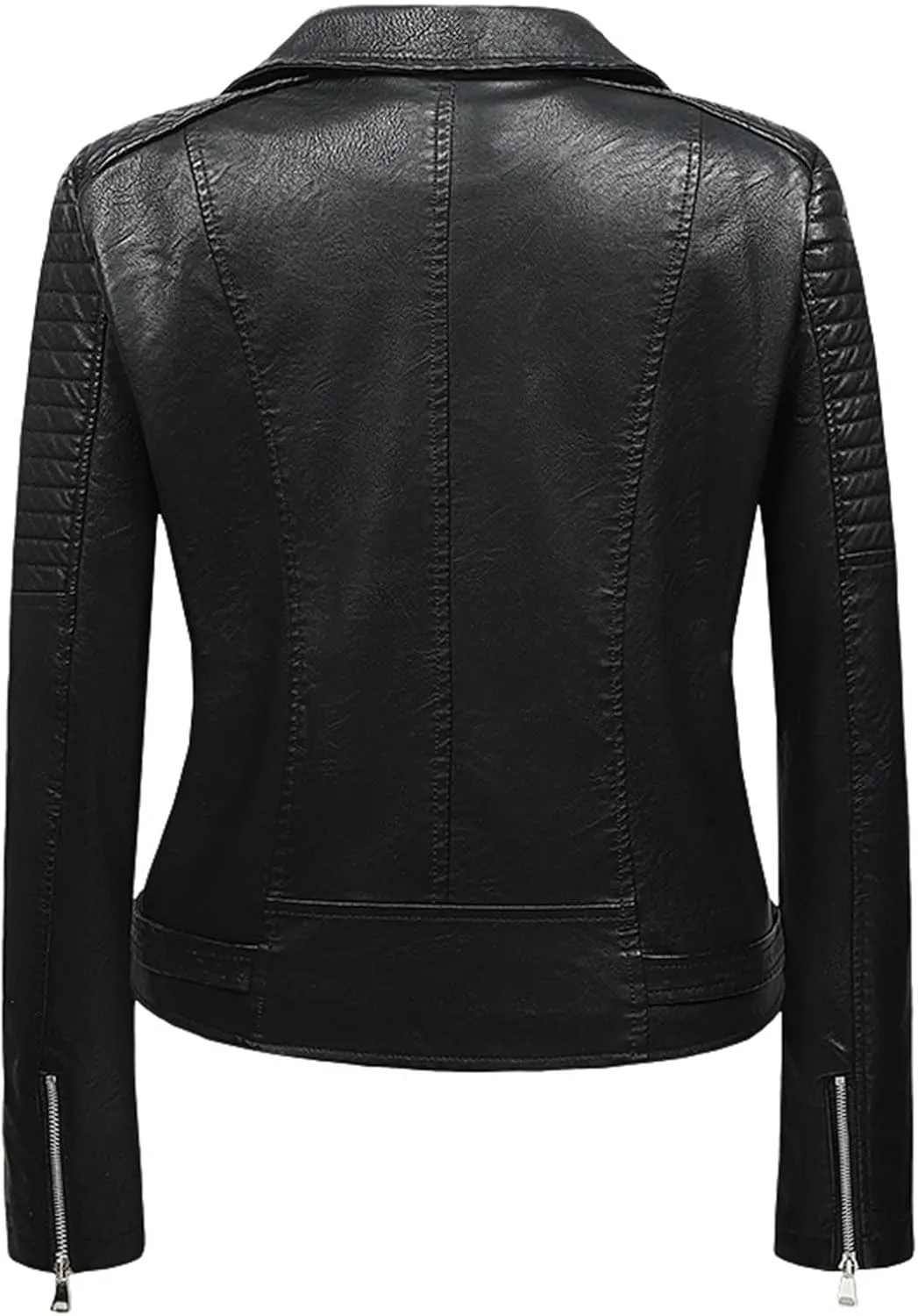 Faux Leather Jacket for Women Cropped Coat Lapel Zip Up Outwear Pockets Motorcycle Jackets Fleece Pleated Overcoat